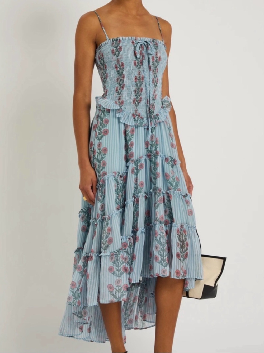 Free People Alejandra Blue Floral Tiered Midi Dress with Smocked Bodice
